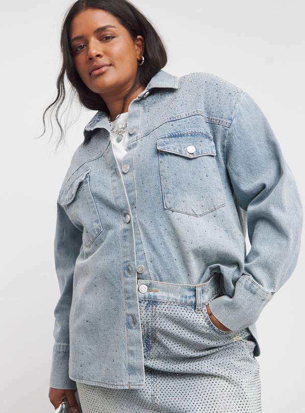 SIMPLY BE Light Wash Embellished Oversized Denim Shirt 26